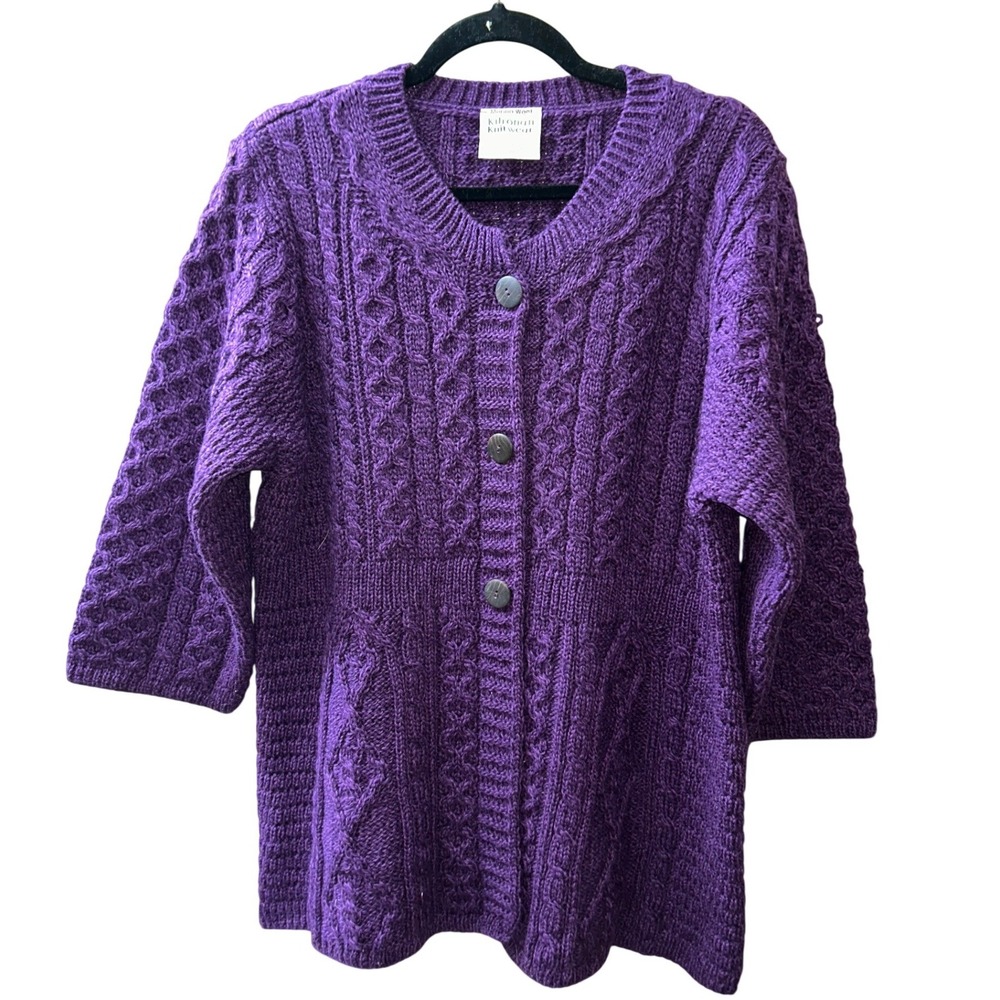 Kilronan Knitwear Purple‎ Merino Wool Cable Knit Cardigan Sweater Size XL NWOT